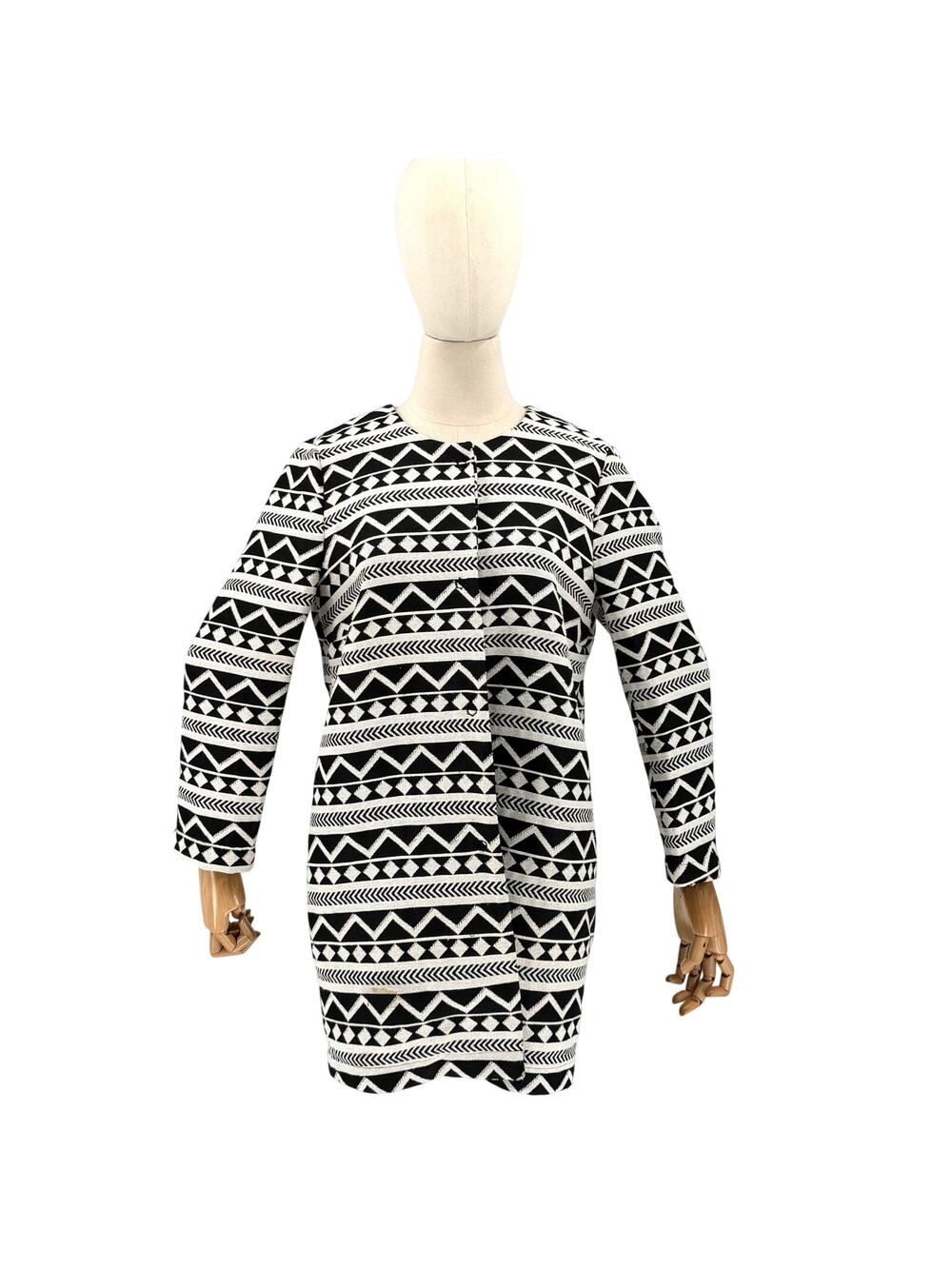 Hope Black White Aztec Tribal Geometric Snap Front Collarless Jacket